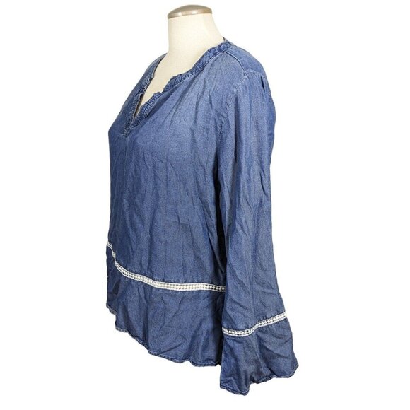 Womens XL Chambray Top Lagenlook Blouse Boho Blue Flare Sleeve Lyocell Casual - Picture 3 of 7